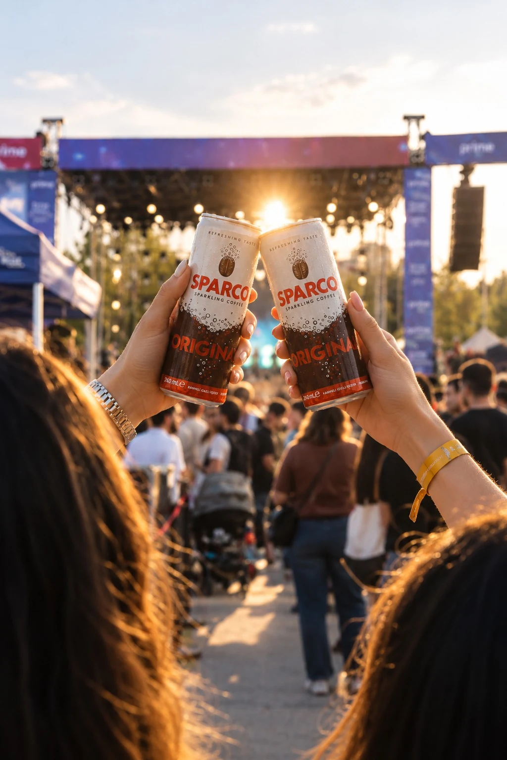 Friends toasting with Sparco cans at a festival